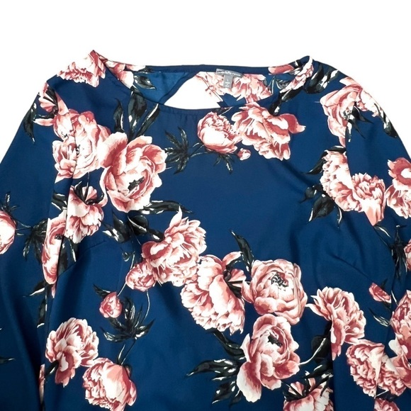 Charlotte Russe Floral Blue Sheer Long Sleeve Tie Back Top - Size Large - Picture 3 of 11